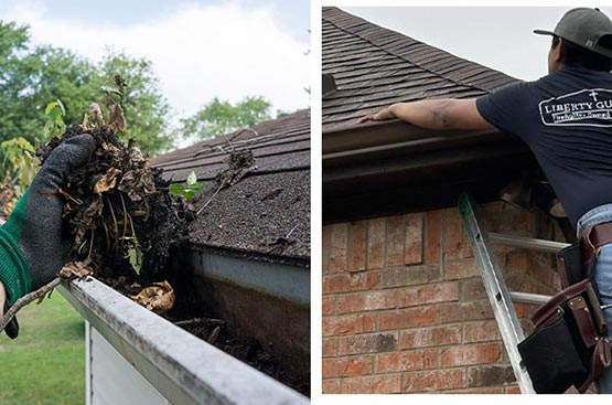 Gutter cleaning and repairing scenario in the picture