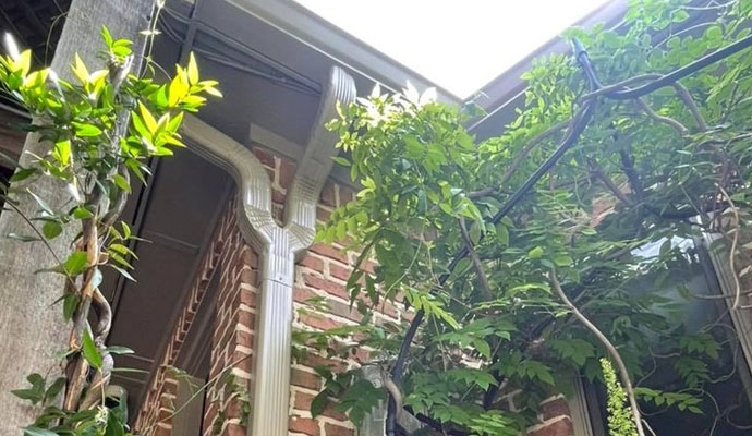 gutter overflow and showing a downspout
