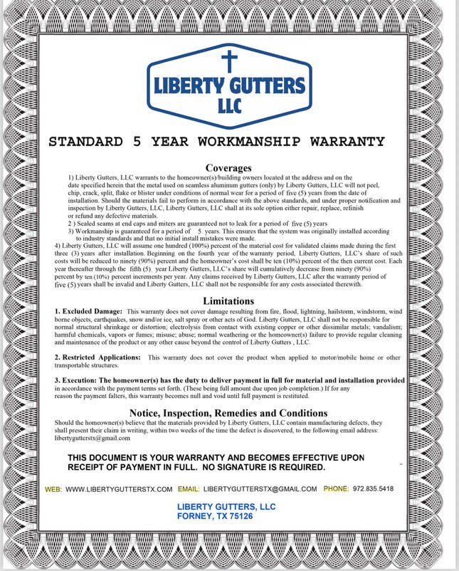 5 year warranty liberty gutters